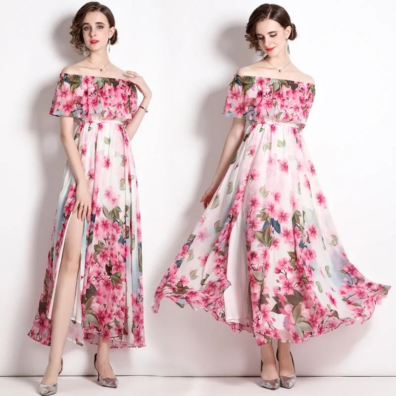 

Летние платья розового цвета с цветочным принтом для девочек-подростков, облегающие пикантные платья с высокой талией и оборками, с открытыми плечами и боковыми разрезами, блестящие платья