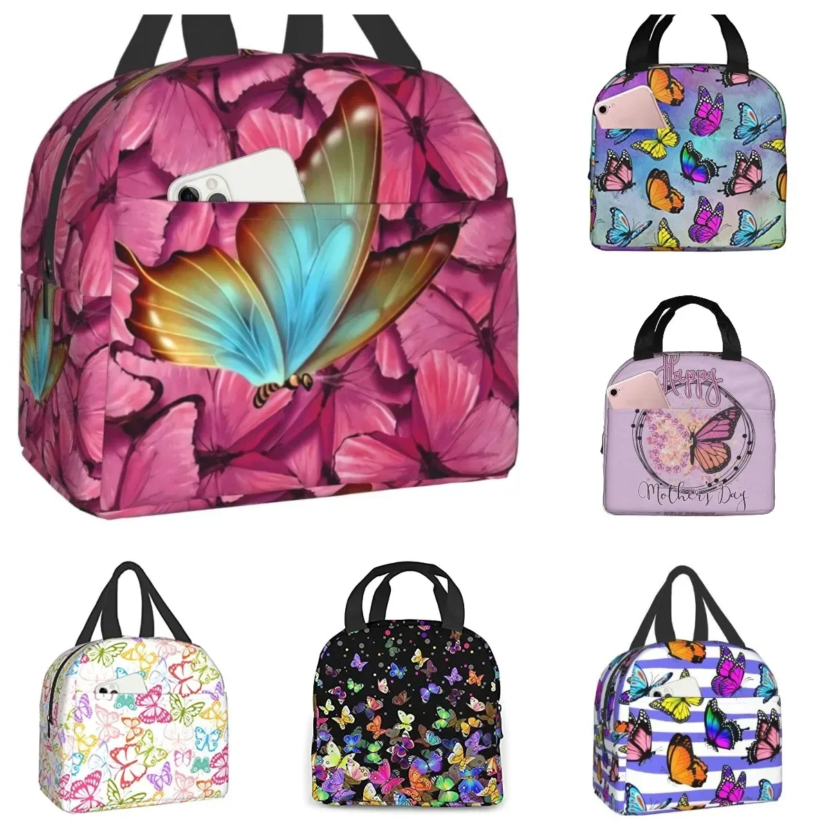 Pink Colorful Butterfly Insulated Lunch Bag Portable Lunch Bags for Girls Women Reusable Leakproof Lunch Box Picnic Travel Work