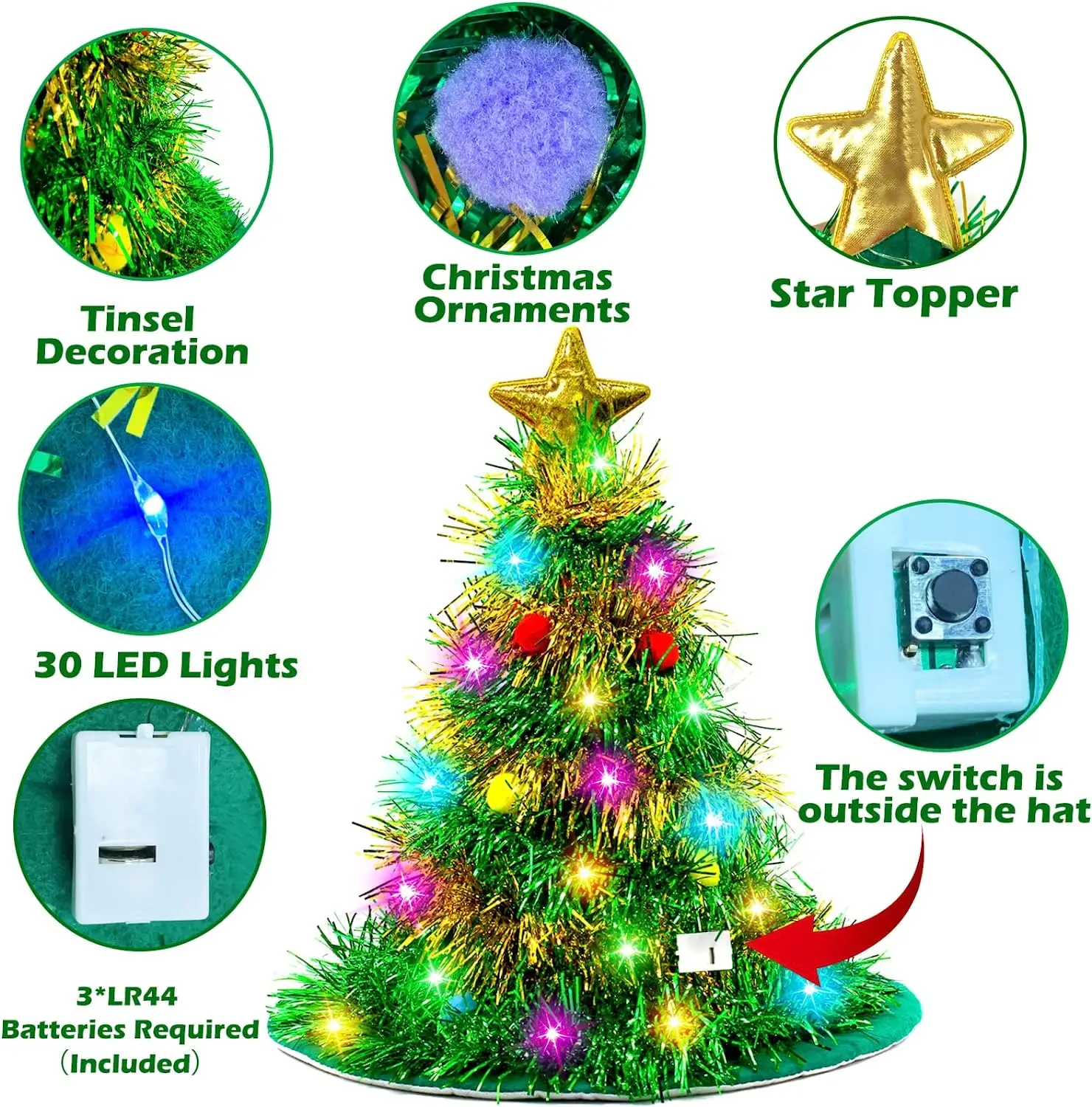 Adults Kids Blinking Glowing Christmas Tree  Hats Santa Hat with Tinsel LED Colorful Lights Star New Year Costume