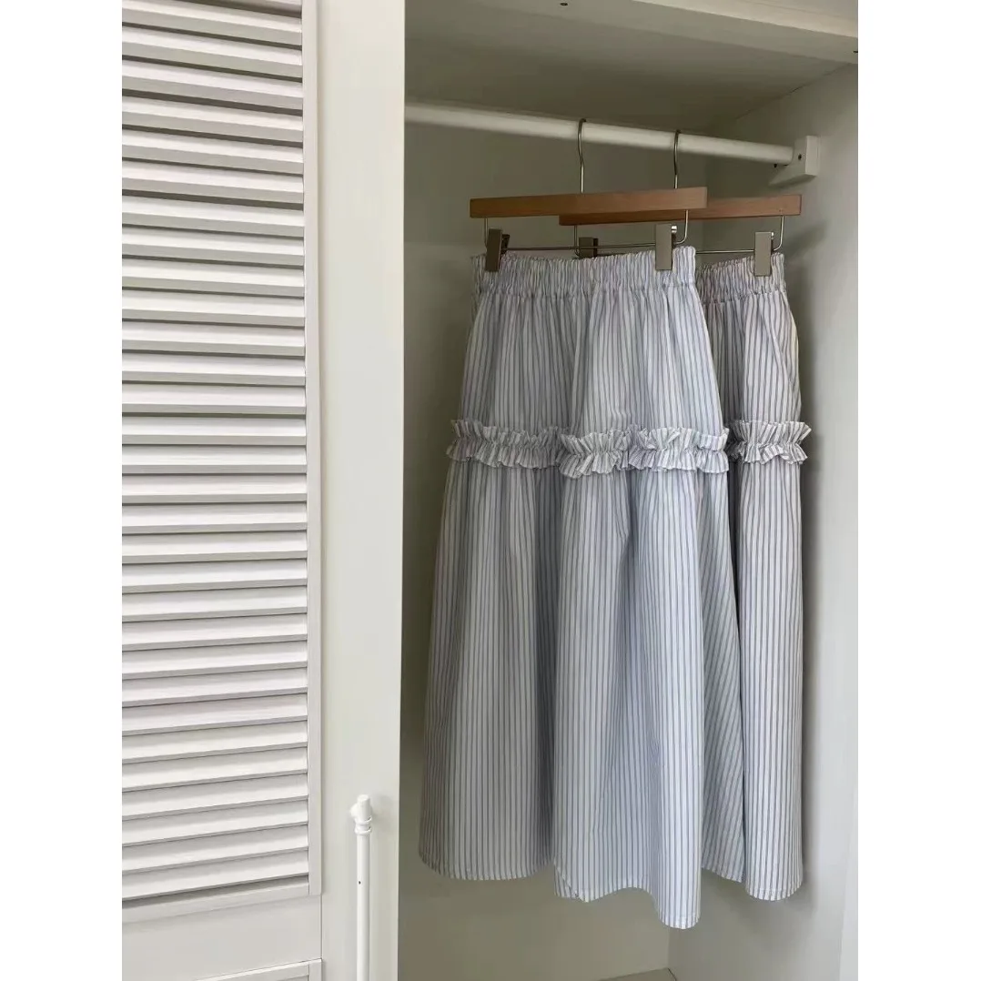 Retro Simple Striped Long Skirt with Earlet Lace Half Body Sweet Style Casual Polyester mid Waist Loose Fit A-Line Skirt