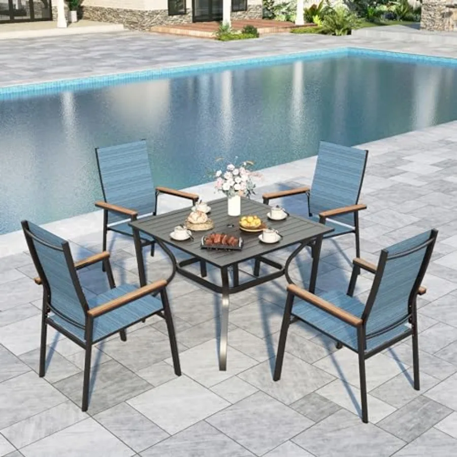 

Outdoor Garden Lawn Patio Dining Set 5 Pieces with 4 Stackable Aluminum Textilene Chairs and 37x37 Square Table in Blue