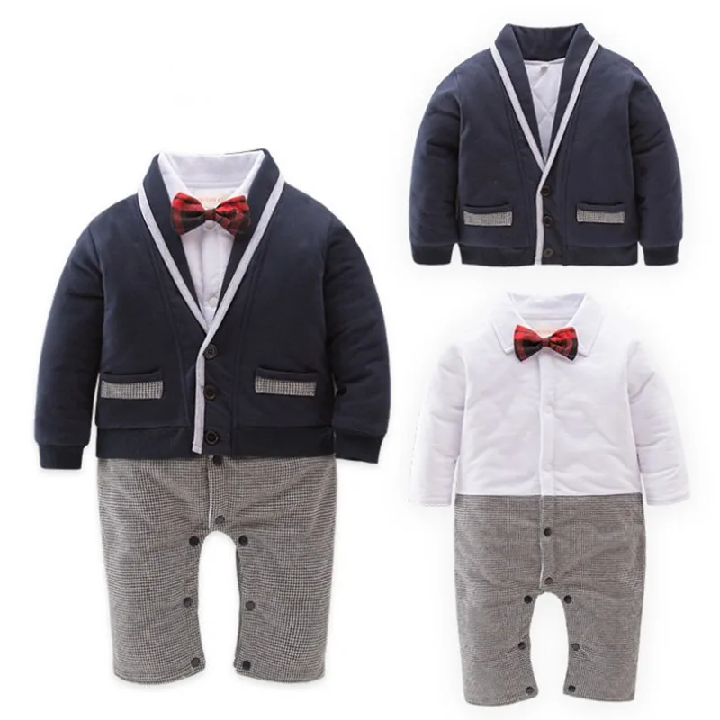 New Winter Arrival Gentleman Bowtie Decorated Thicken Baby Boys 2-piece Jumpsuit Set/Baby Cotton-padded Clothes  3109