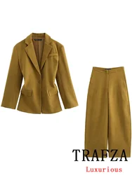 TRAFZA Vintage Chic Office Lady Solid Women Suit Single Breasted Blazer Straight Loose Pants New Fashion 2024 Autumn Winter Sets