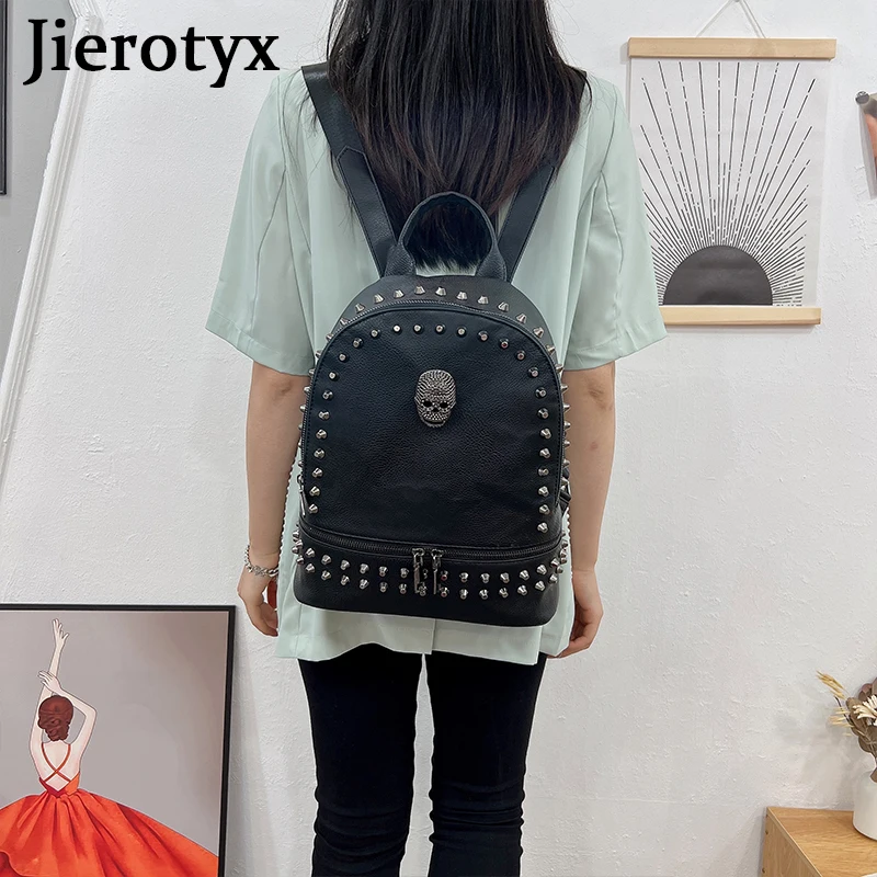 JIEROTYX-mochila de piel sintética con remaches para mujer, bolso escolar de gran capacidad, de diseñador, estilo gótico, color negro