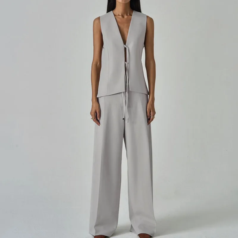 HKSH Women's Three-Piece Set Office Lady Solid Color V-neck Lace-up Waistcoat Vest Single Breasted Blazer Wide Leg Pants HK22599