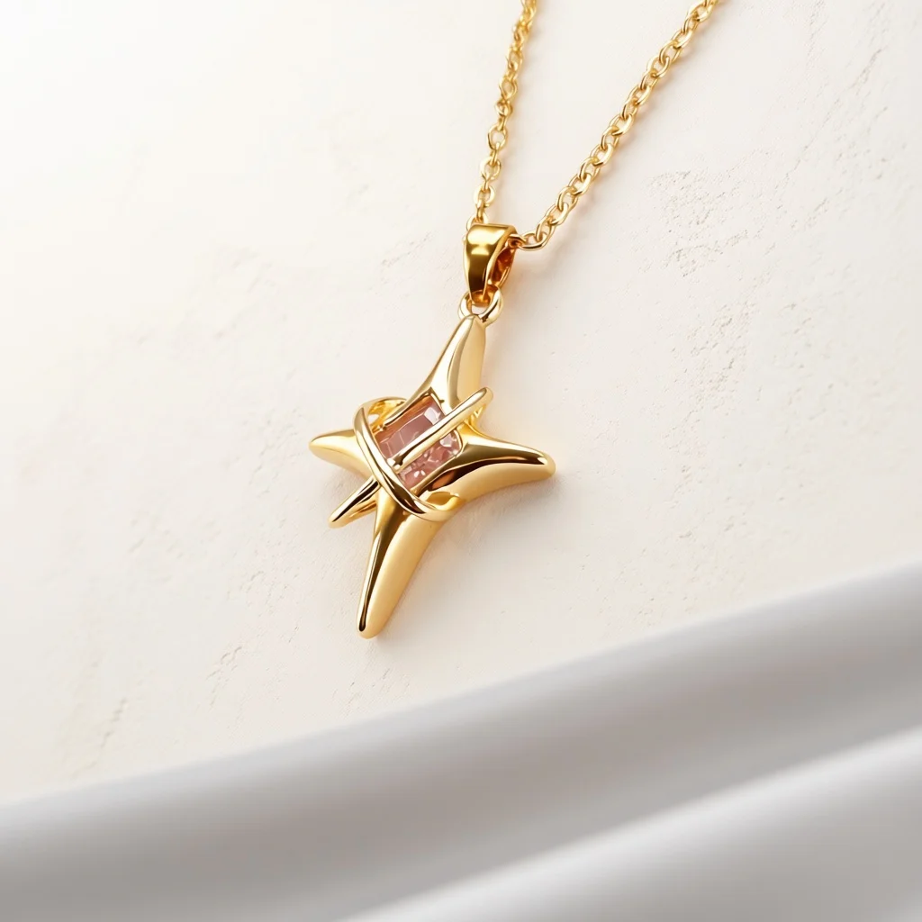 Four-pointed Star Pendant Necklace Inlaid Rectangular Gem Minimalist Jewelry Anniversary Birthday Surprise Gifts for Ladies