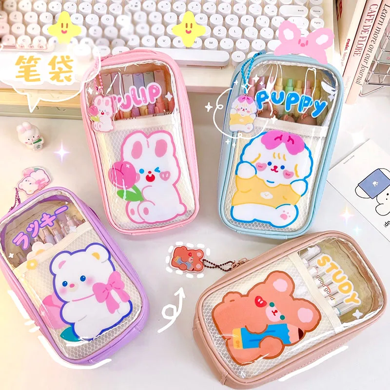 4 pcs/lot Creative Bear Rabbit Pencil Box Pendant Multilayer Pencil Case Stationery Pen Bag Stationery School Supplies