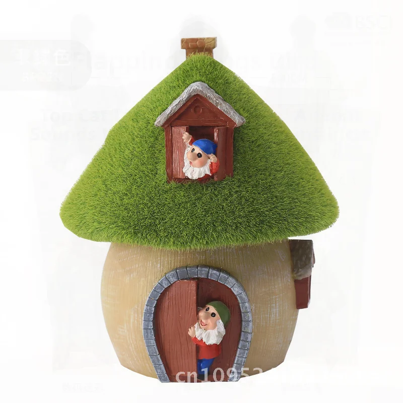 

Solar Luminous Green Velvet Mushroom House Garden Ornament Resin European Style Outdoor Courtyard Landscaping Decor