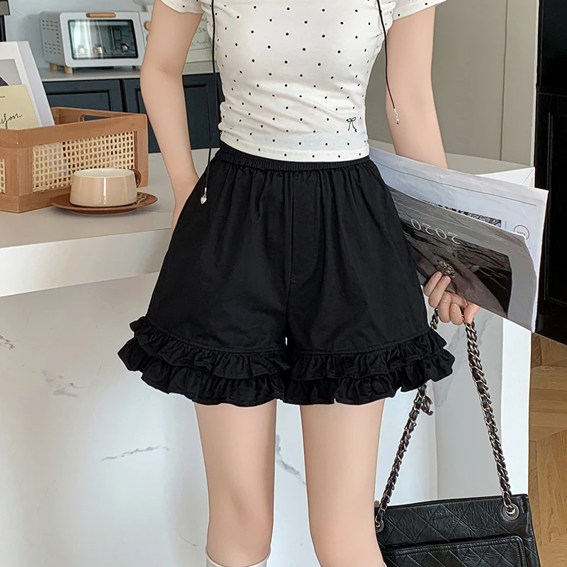 Séoulish taille haute coton blanc femmes volants Shorts 2025 nouvel été solide décontracté ample jambe large pantalons courts femme