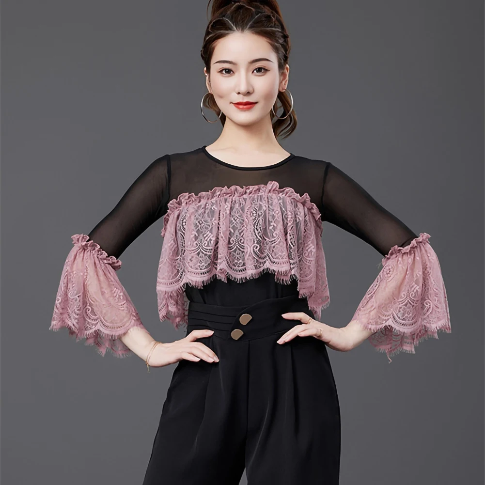 シャツダンス服 レディース トップス トランペットスリーブ グレーブルー ボールルームダンス 新スタイル ジャンプスーツ レッド ラウンドネック モダンダンストップ