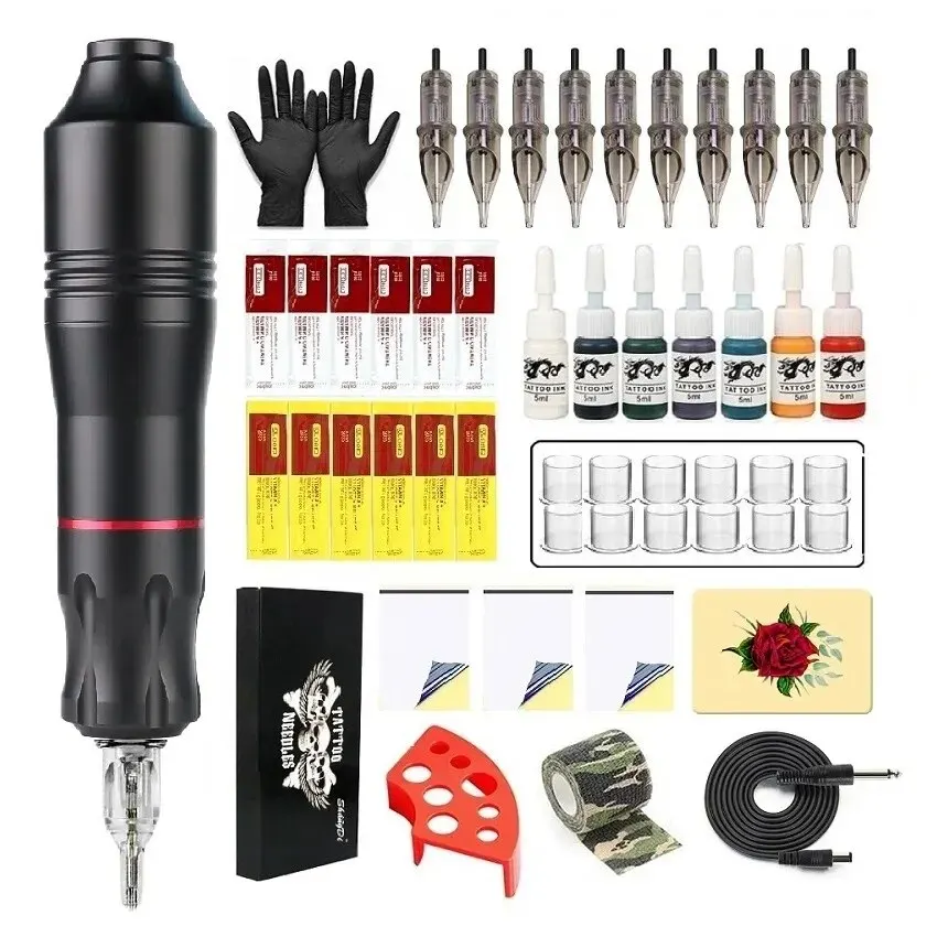 Professional Tattoo Machine Kit Complete DC Jack Rotary Machine Pen with 10pc Cartridge Needle 7pc Ink For Tattoo Beginner Sets