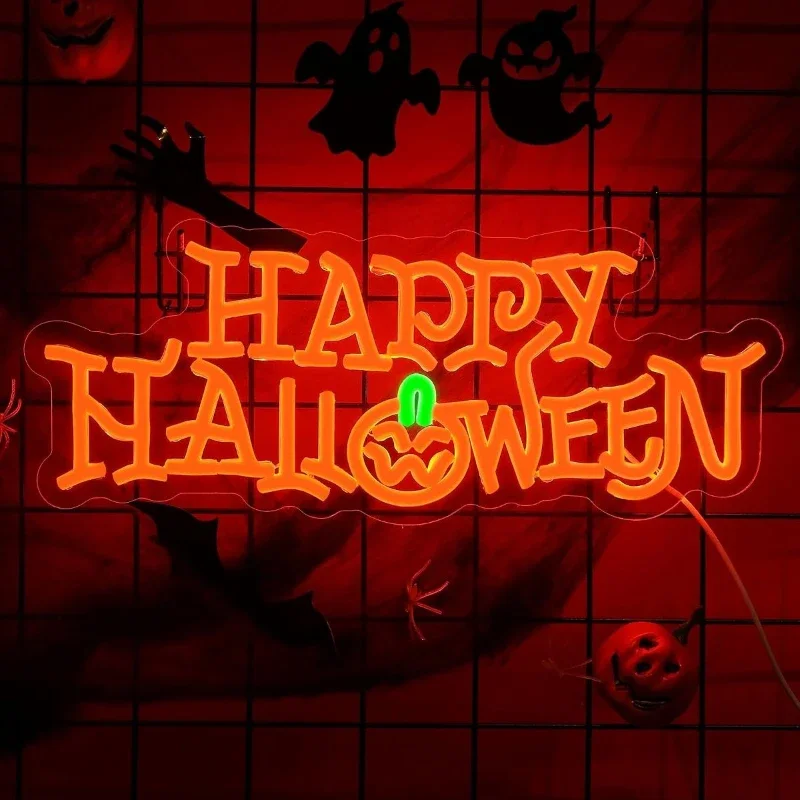 Happy Halloween Neon Sign, Pumpkin Ghost LED Neon Light,  Gaming Room Bedroom TikTok Photo Background Decor, Aesthetic Lamp Gift