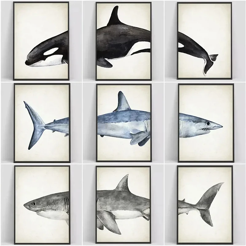 （2D Canvas painting） Shark 3 Pieces Minimalism Whale Poster and Print Ocean Animal Marine Canvas Painting Wall Art Picture Fo