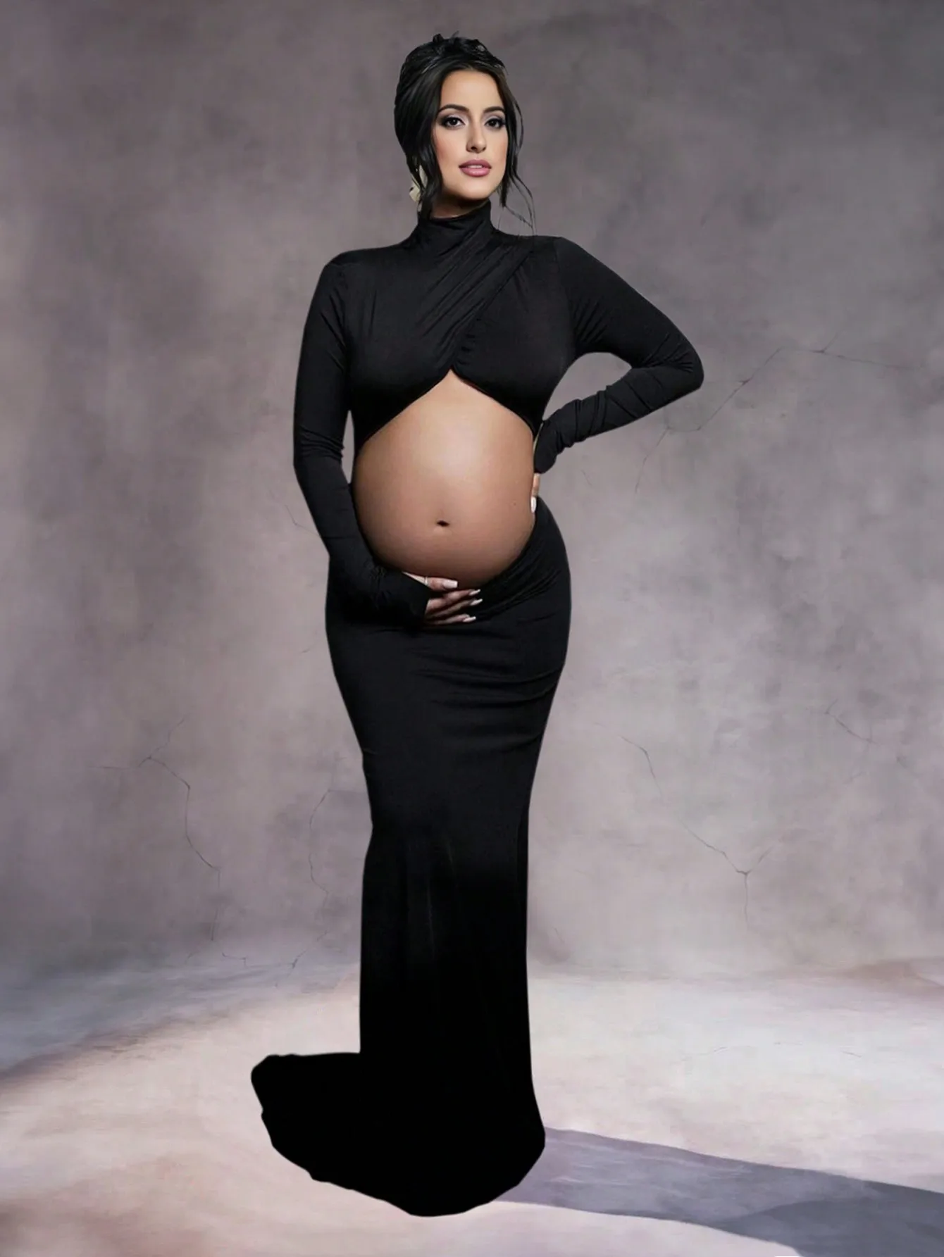 

Black Maternity Crossover Mock Neck Cutout Mermaid Maxi Dress with Long Sleeves