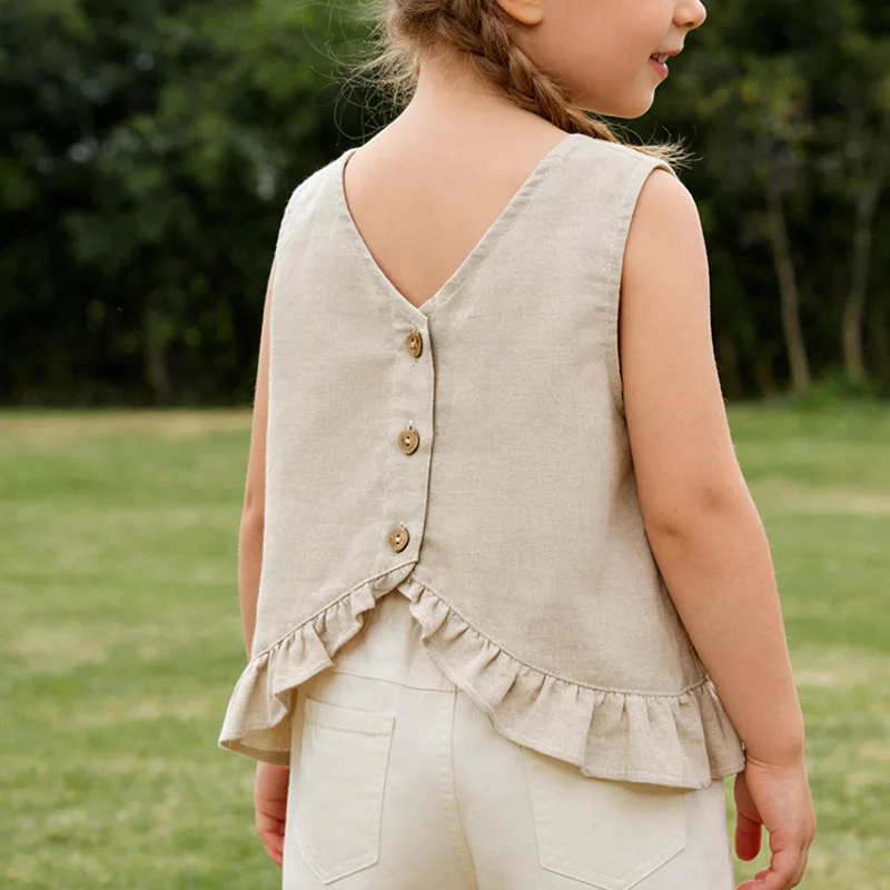 Summer 2026 cotton and linen back buttoned lotus leaf vest for girls and babies, versatile and cute forest style camisole top