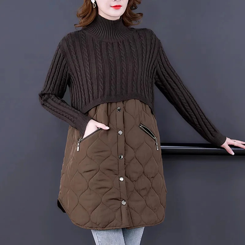 

Fashion Cotton Clothing Women Spliced Knit Sweater Plus Size Female Autumn Winter Mid-length Thick Warm Outerwear Femme Coat