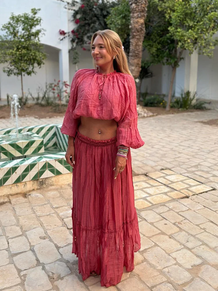 

red pleated lace up long skirt suit casual women full sleeve round neck loose shirt 2 piece set lady new summer holiday outfit