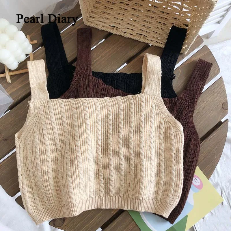 

Pearl Diary Korean version pure colour short sleeveless The ride Waichuan Top women sweet Thin knitting Small sling waistcoat