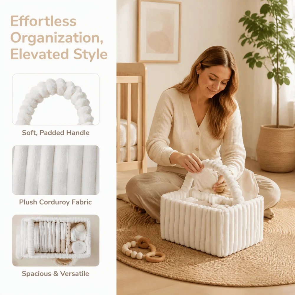 Large Capacity Baby Diaper Organizer Plush Flannel Soft Nappy Organizer Bag Cream Beige Lightweight Mommy Storage Bag Nursery