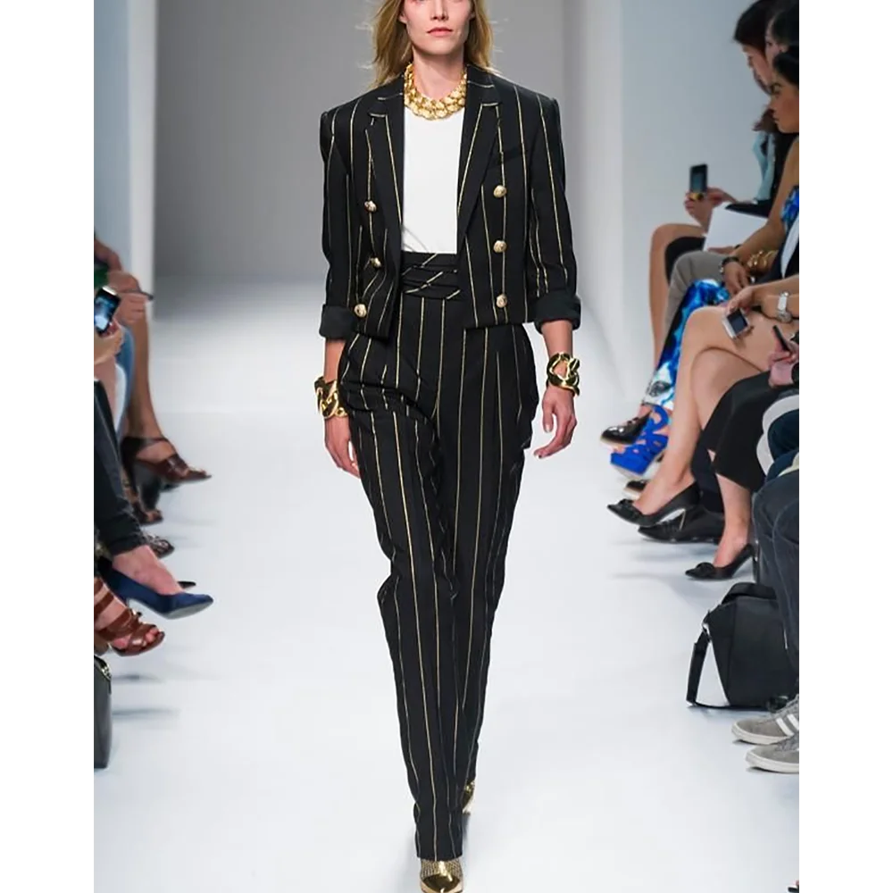 

Модный женский костюм в широкую полоску, прямой приталенный модельный стиль с зубчатыми лацканами, элегантный наряд, новый осенний комплект из двух предметов