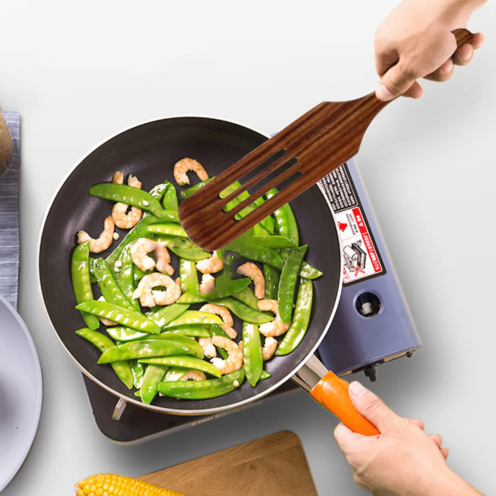 ملعقة مطبخ خشبية بمقبض طويل، سبورتل مشقوق لتحريك الخلط والقلي، ملعقة طبخ خشبية، تجهيزات المطابخ غير اللاصقة