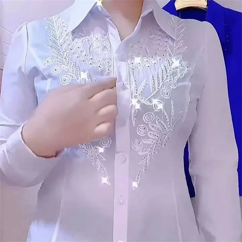 Fashion White Red Blue Shirts For Women New Temperament Design Embroidered Rhinestone Spring Autumn Summer Shirt Blous