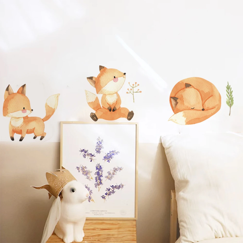 Boho Cartoon Cute Fox Friend Animal Clouds Wall Decal Watercolor Vinyl Nursery Print Kids Boys Girls Room Interior Home Decor