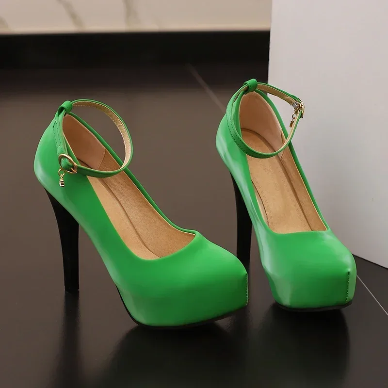 Green Women Platform Pumps Super High Thin Heels Orange Black PU Dress Party Office Ladies Ankle Strap Round Toe Shoes Big Size - view 2