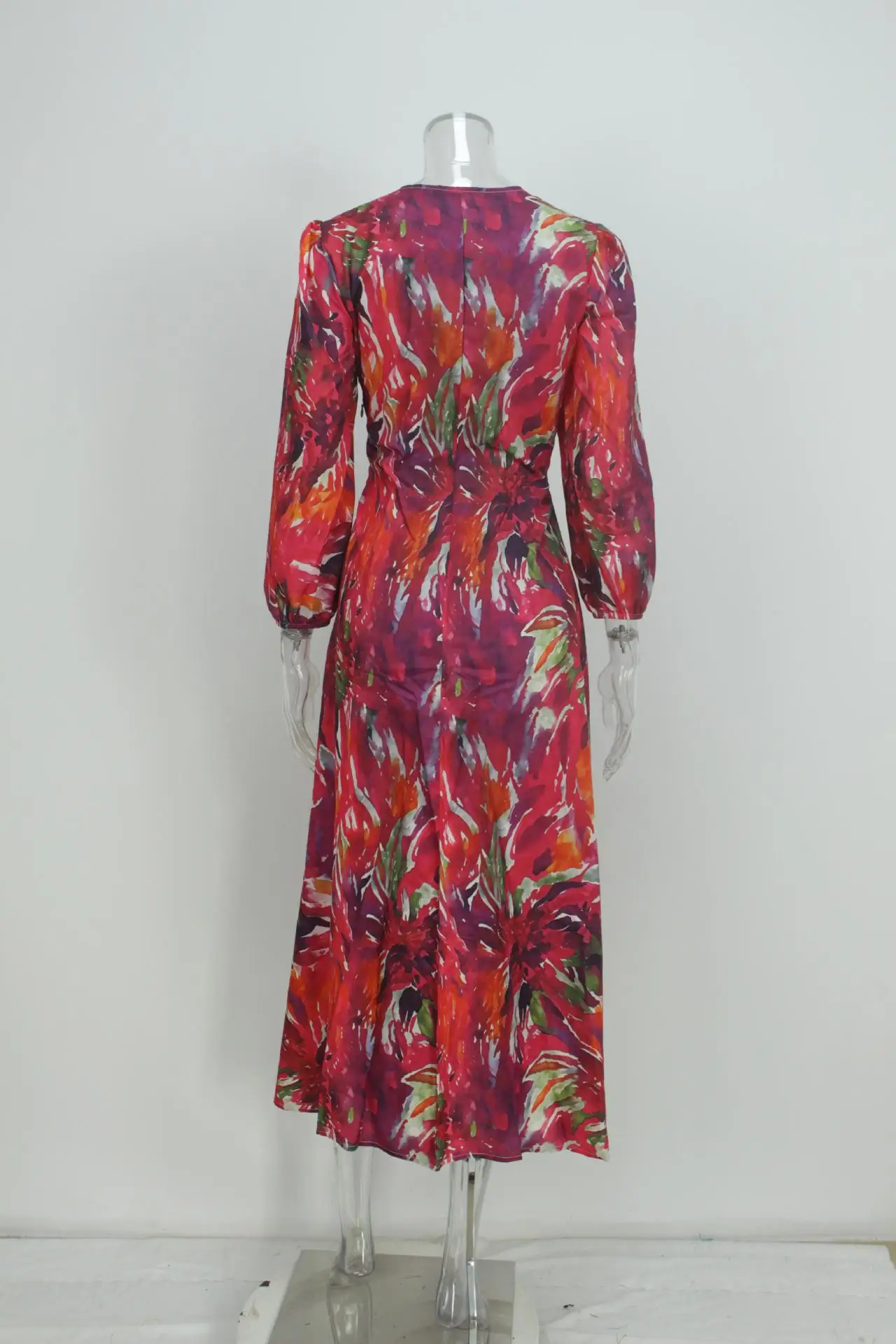SKMY 2025 printemps femmes vêtements mode imprimé élégant longues robes Sexy à lacets évider col en v à manches longues robes de soirée