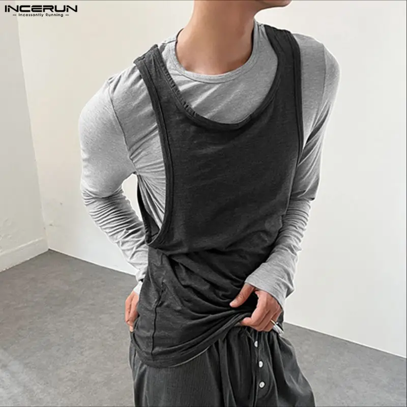 

INCERUN Men T Shirt Patchwork O-neck Long Sleeve Personality Male Tee Tops Streetwear Knitted Fashion Casual Men Clothing S-5XL