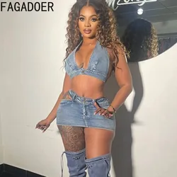 FAGADOER Light Blue Sexy Denim Backless Bodycon Two Piece Sets Women Deep V Sleevless Halter Crop Top+Skirts Outfits Streetwear