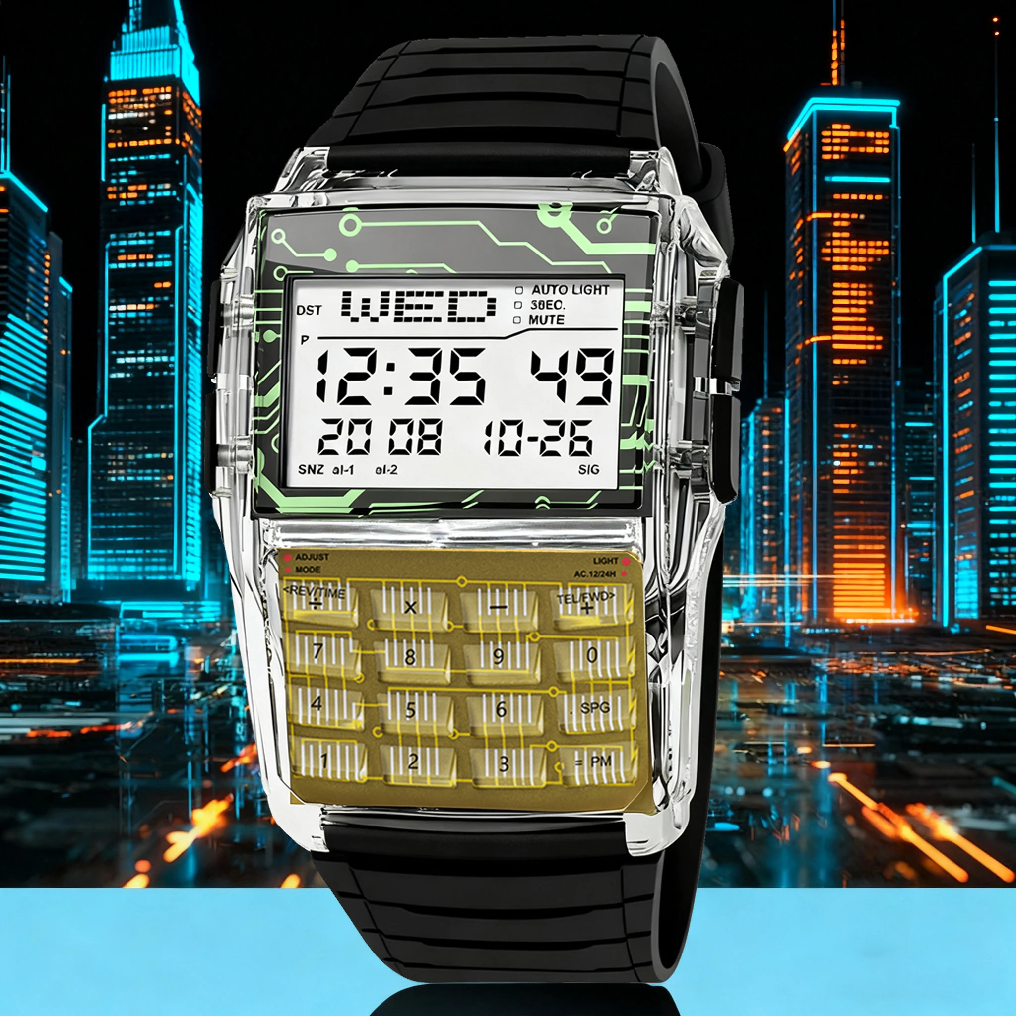 

Top Luxury Men's Calculator Watch Multi-Function LED Watch Transparent Plastic Watch Keyboard Style