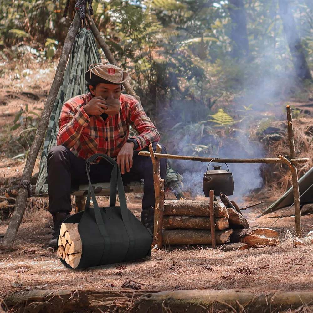 Package Waxed Canvas Firewood Bag Carrier, Water Resistant Wood Carrying Bag With Handles Log Tote for Kitchen Christmas Gift