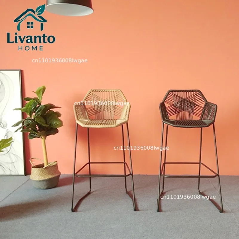 

Scandinavian Rattan Bar Stool Handwoven High Counter Chair Outdoor Patio Backrest Seat Height Bar Chairs for Balcony Reception