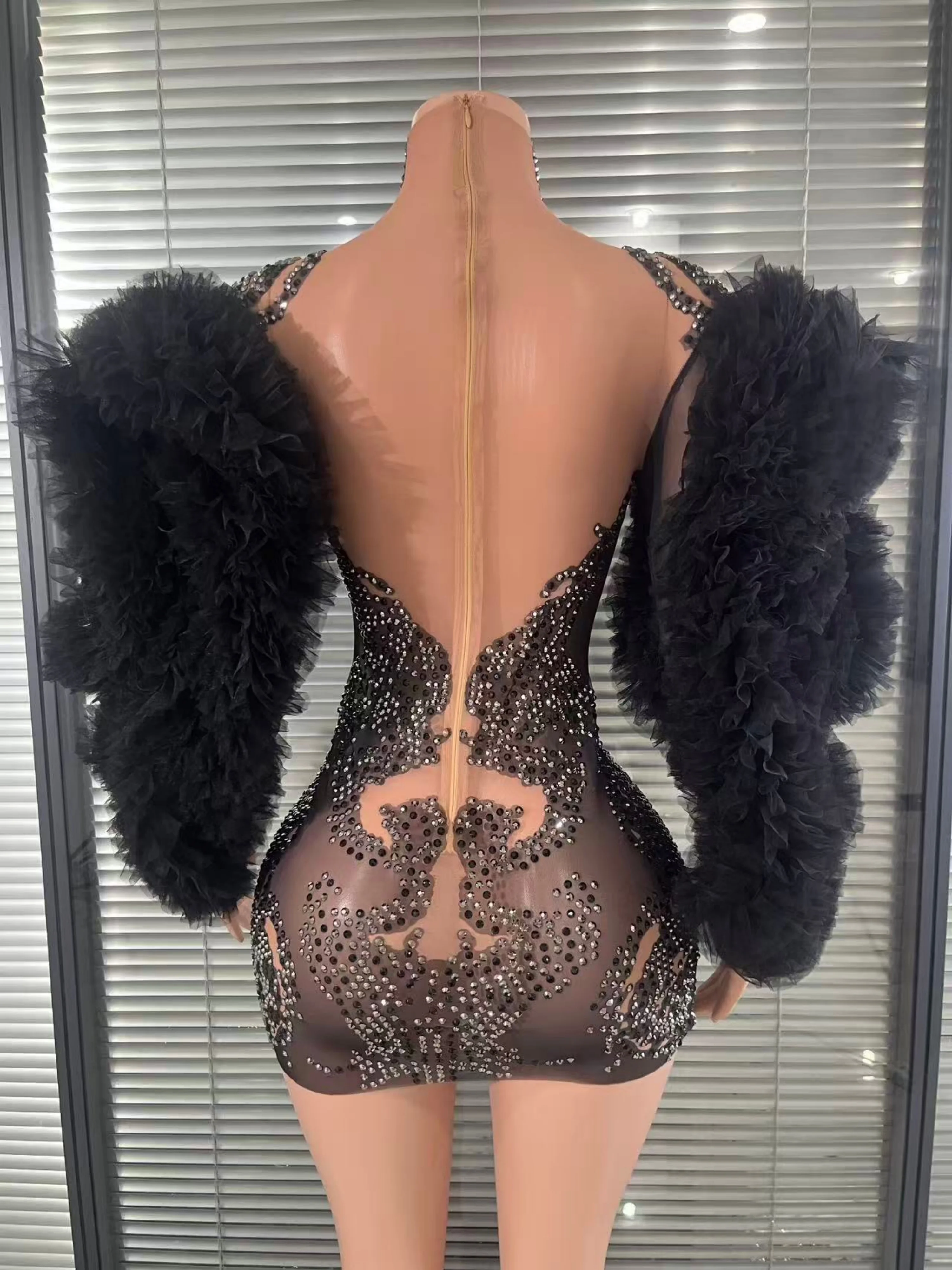 Avant-Garde Printed Rhinestones Long Puff Sleeve Bodycon Mesh MiniDress  Evening Club Party Nightbar Stage Performance