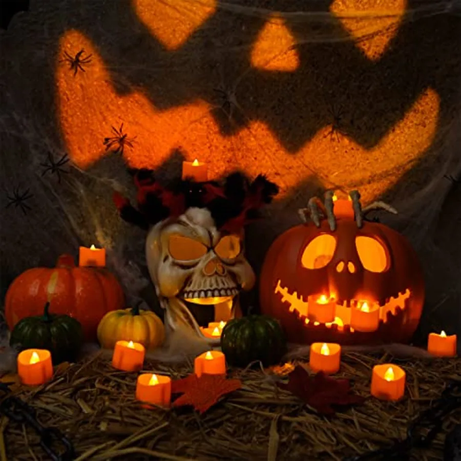 Halloween 24 Pack Orange Tea Light Candles, Battery LED Tealights, Small Pumpkins Lights, Flameless, Electric Fake Tea Candles