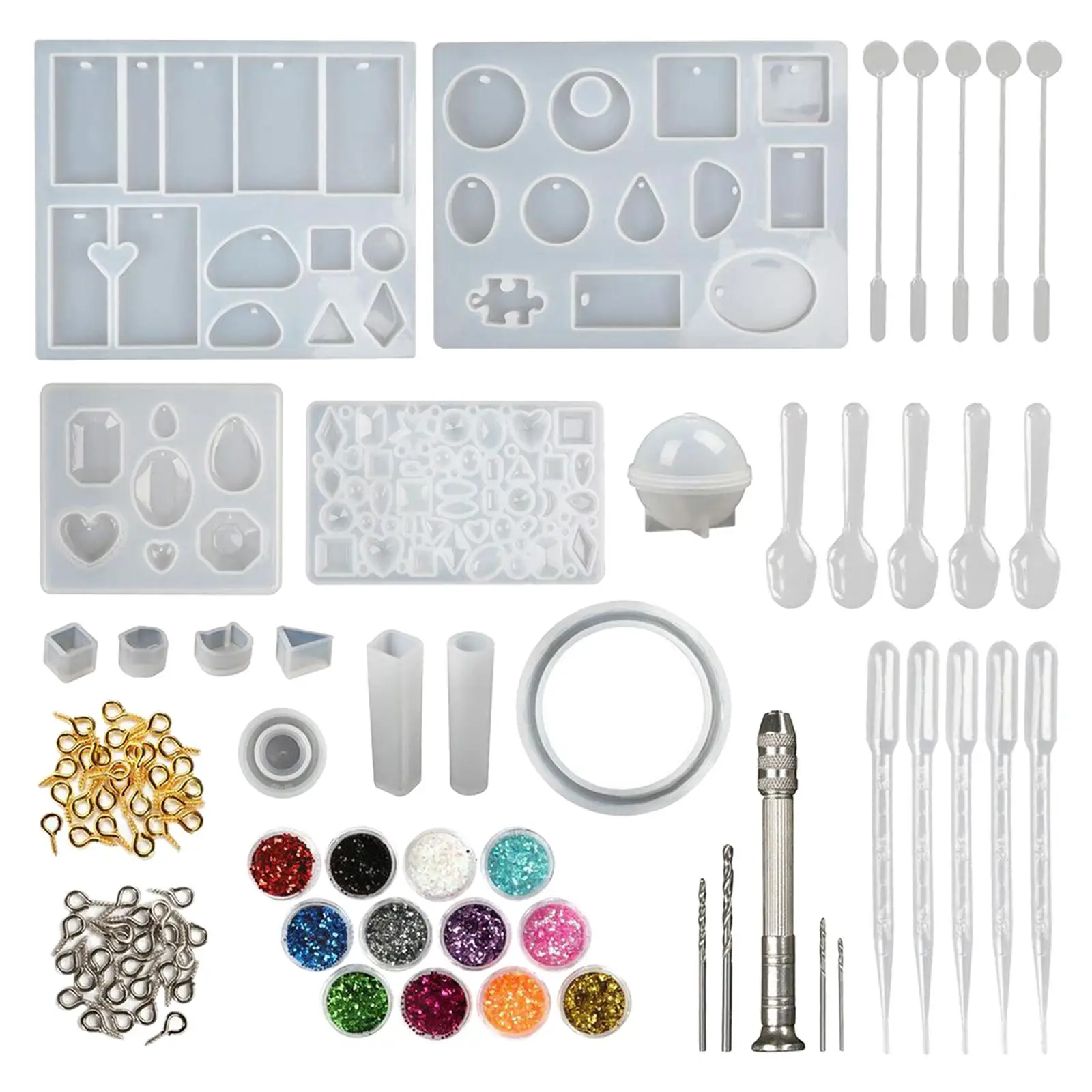 142pcs Epoxy Resin Silicone Casting Kits with 10 PCS Silicone Resin , Glitter , Eye Pins, Drills Resin Jewelry Crafting Tools