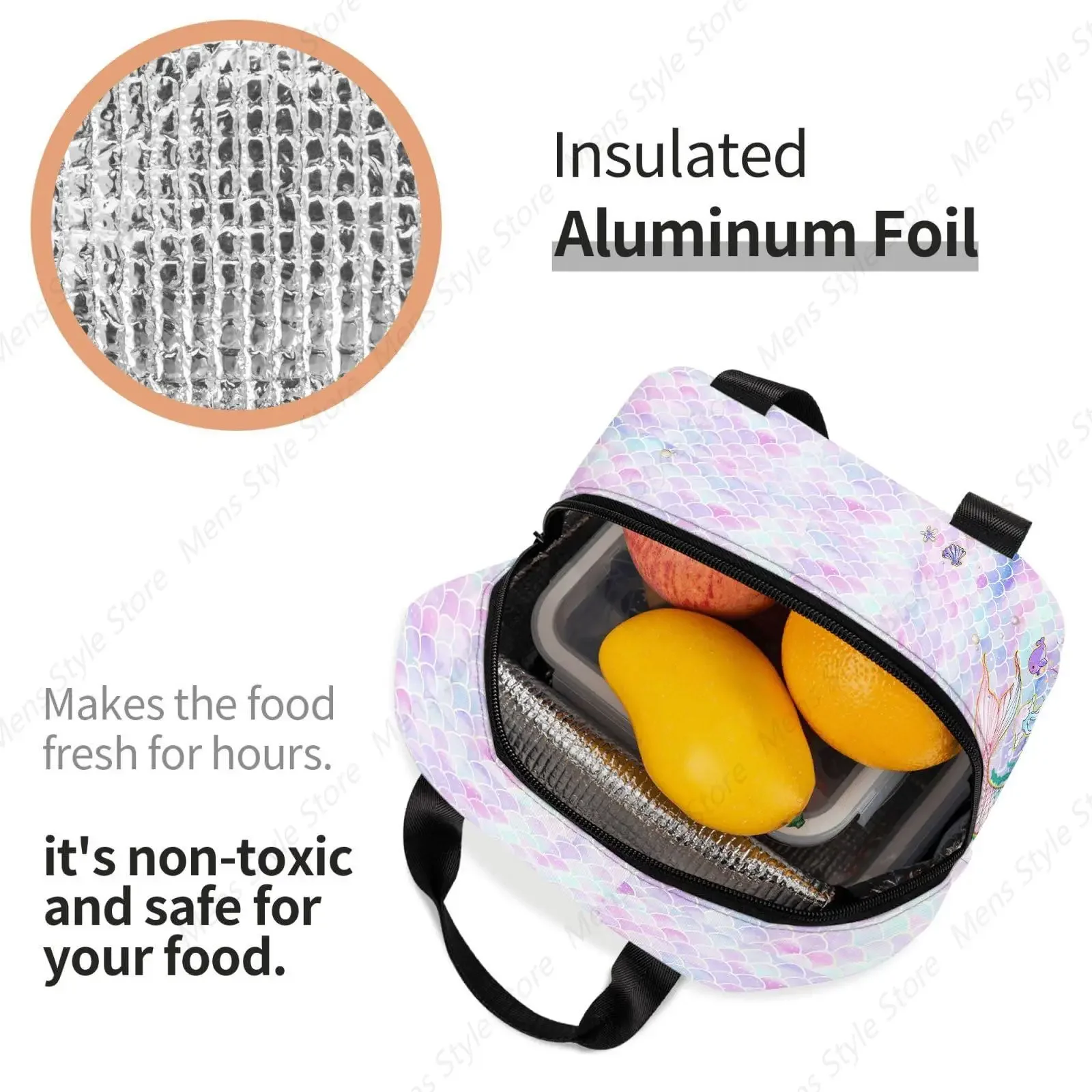 Mermaid Lunch Bag Insulated Reusable Large Capacity Lunch Box for Work Leakproof Cooler Lunch Bag for Office Picnic Travel