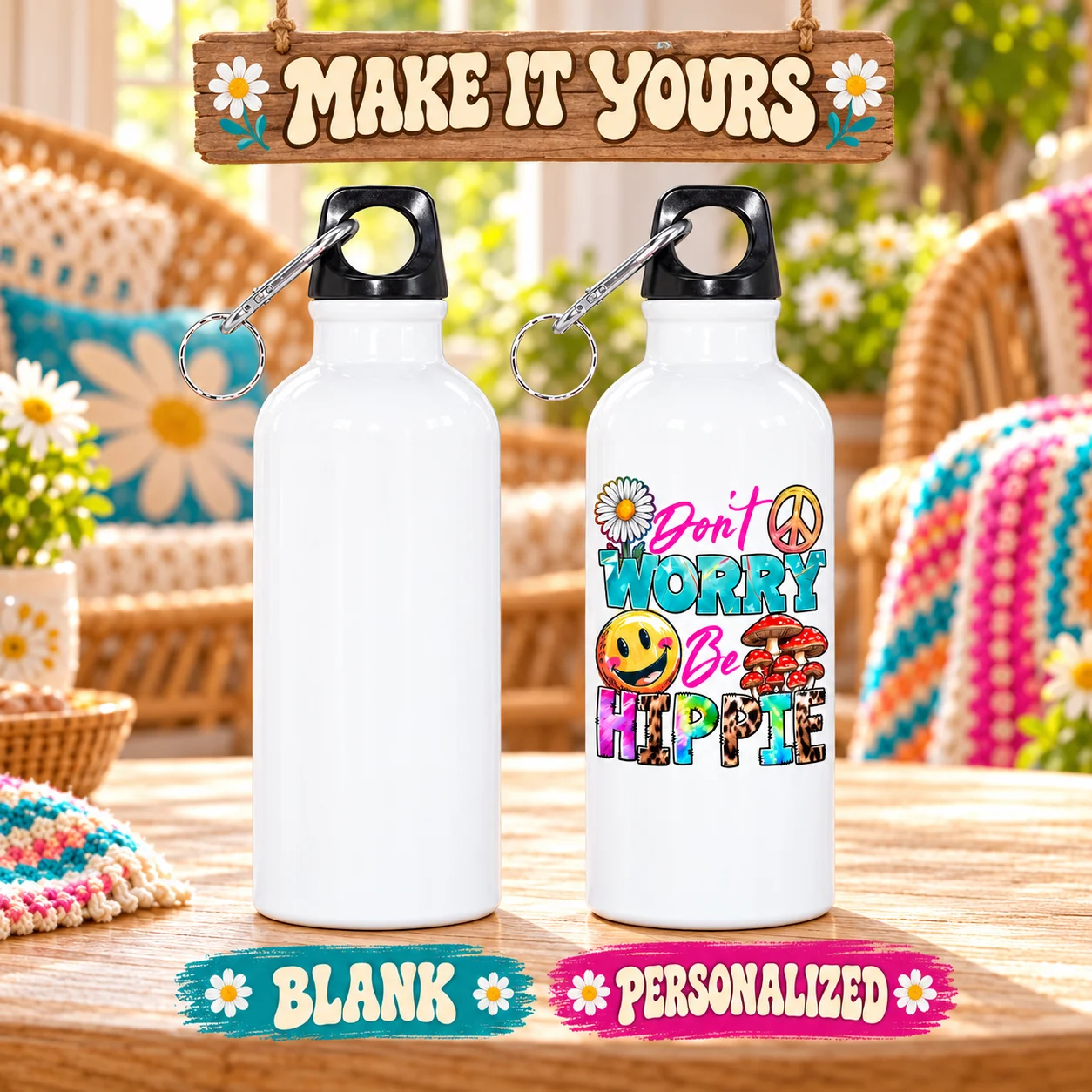 1pc Sublimation Aluminum Water Bottle, Don't Worry Be Hippie Print Sports Water Bottle with Carabiner, Lightweight Portable