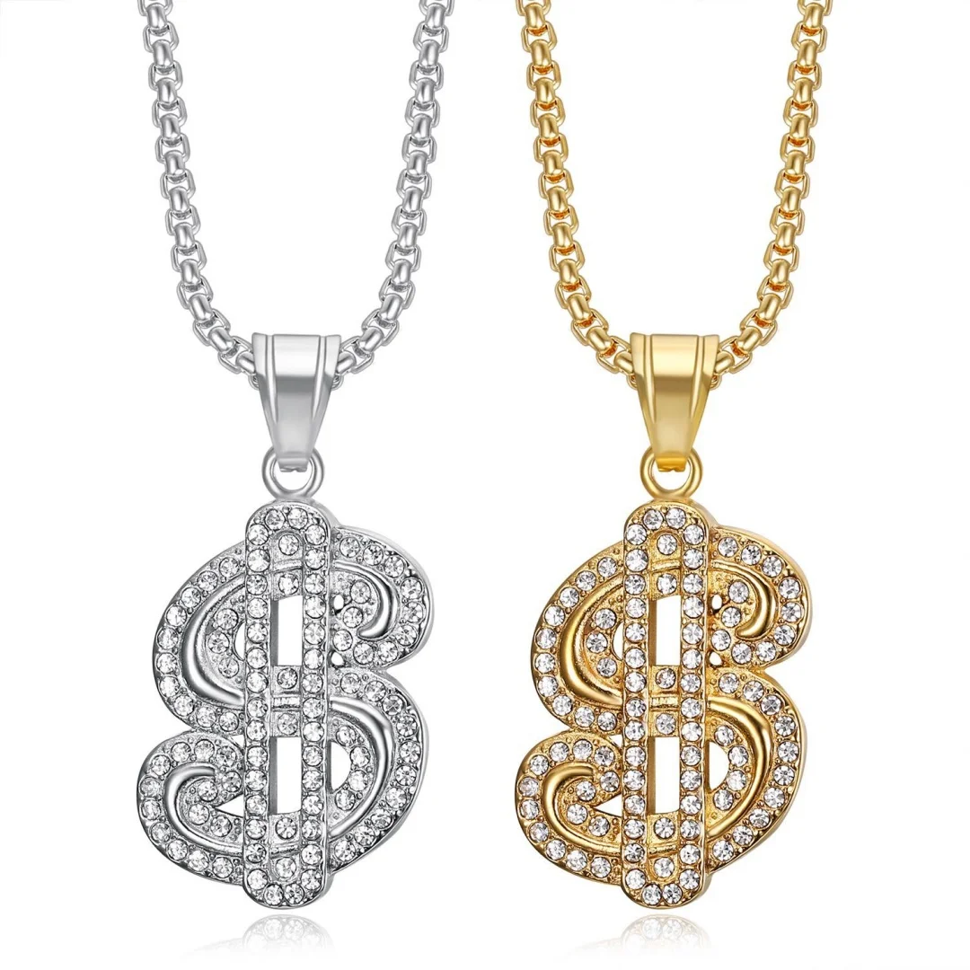 

Vintage Fashion Tennis Dollar Signs Pendant Gold Silver Color Stainless Steel Zirconia Money Necklace for Woman Man Jewelry Gift