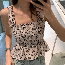 Summer Women's Tank Top Print Folds Sleeveless Square Neck Korean Version Slim Sweet Fashion Camisole