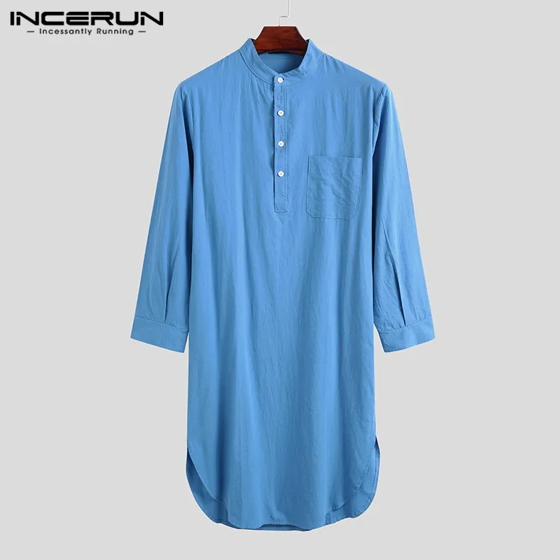 INCERUN Men\'s Sleep Robes Solid Color Long Sleeve O-neck Leisure Nightgown Mens Homewear 2024 Cotton Comfort Bathrobes Plus Size