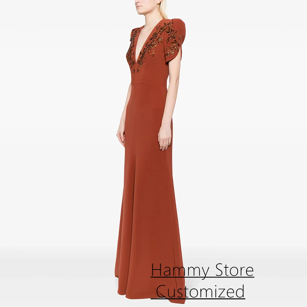 Unique Prom Dress Customized Short Sleeves V Neck Crystal Beading Sweep Train Mermaid Evening Gown Formal Party Dresses image 3