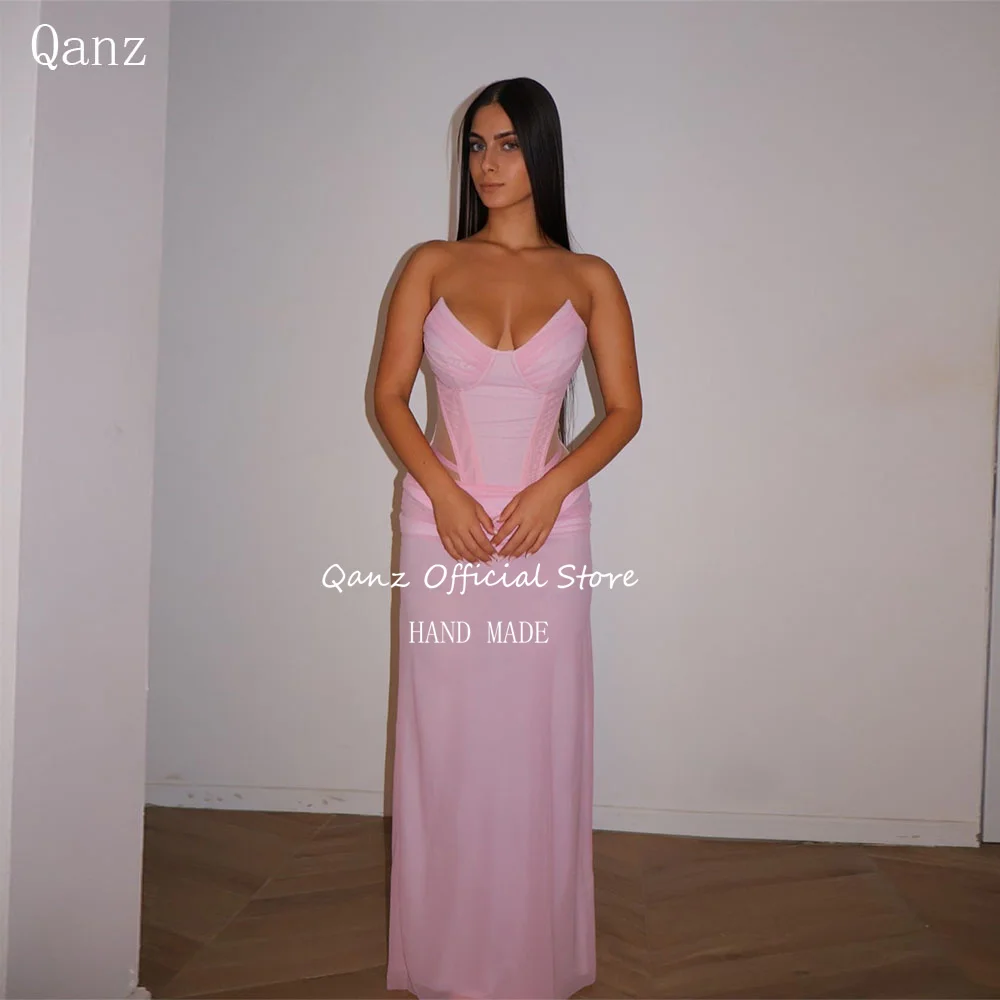 

Qanz Chiffon Mermaid Vestidos De Noche Elegantes Evening Dresses Illusion Pink Sweetheart Women Formal Occasion Dress Customized