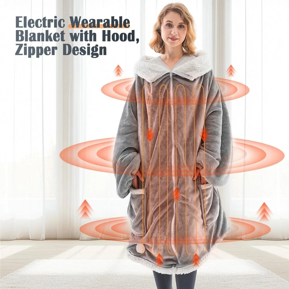 بطانية تسخين كهربائية مع سحاب وأكمام وغطاء للرأس لراحة يمكن ارتداؤها
