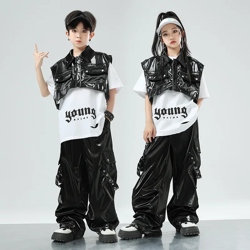 Street Dance Children's Fashion Performance Outfit Boys' Suit Hip-hop Jazz Girls Leather Jacket Vest Pants Runway Set