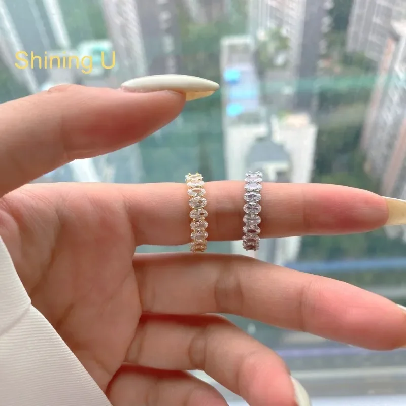 Shining U S925 Silver 3*5mm Oval High Carbon Dimond Gems Row Ring for Women Fine Jewelry Anniversary