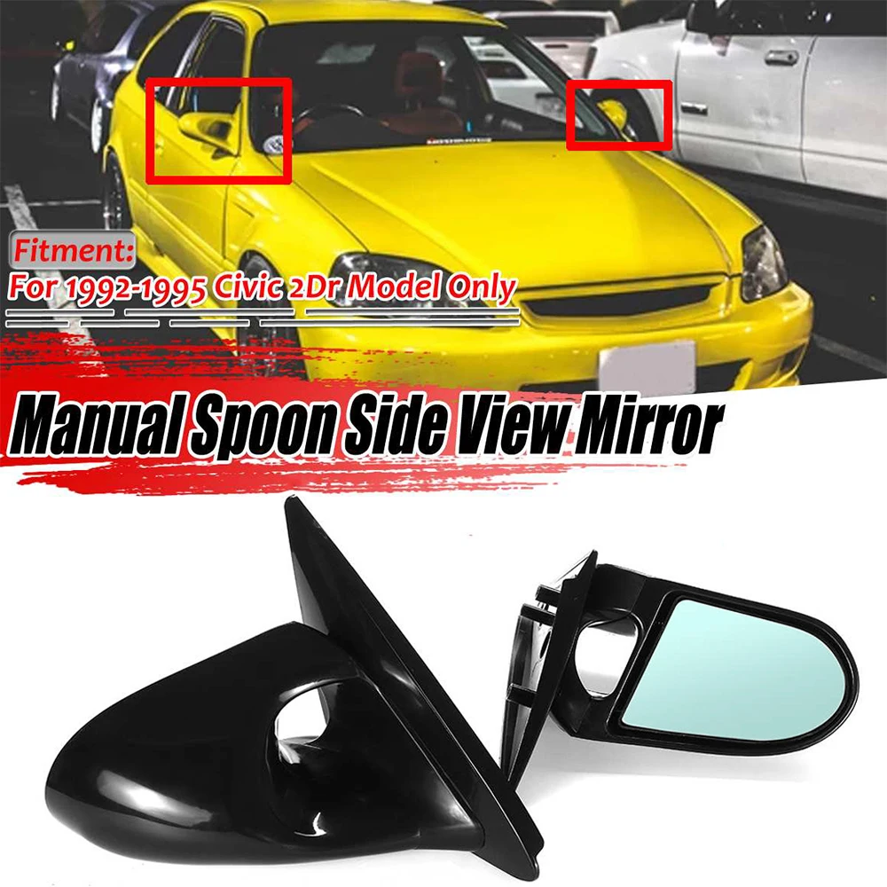 1Pair Manual Adjustment Car Door Wing Rear View Wing Side Mirror For Honda Civic 2Dr 1992 1993 1994 1995 Glossy Black