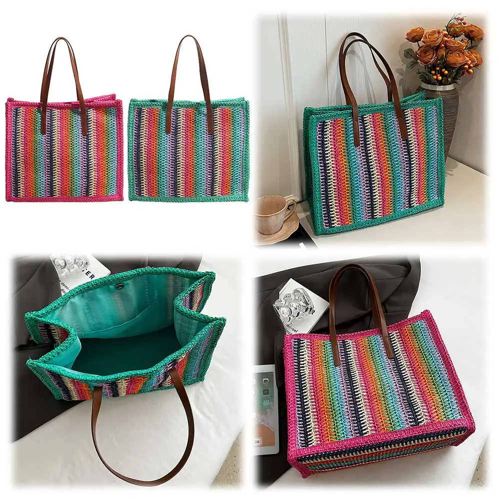 

Women Striped Woven Tote Rainbow Straw Shoulder Bag Hasp Closure Straw Woven Handbag Handwoven Straw Bag Summer Beach Bag