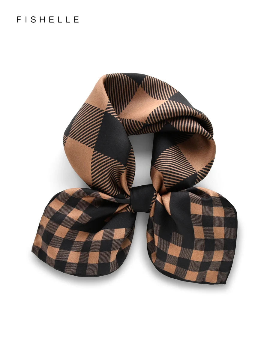 

Коричневый клетчатый шарф из 100% натурального шелка, саржевый женский платок, мужские шарфы, карманный квадратный шейный платок, 50 см, роскошный подарок